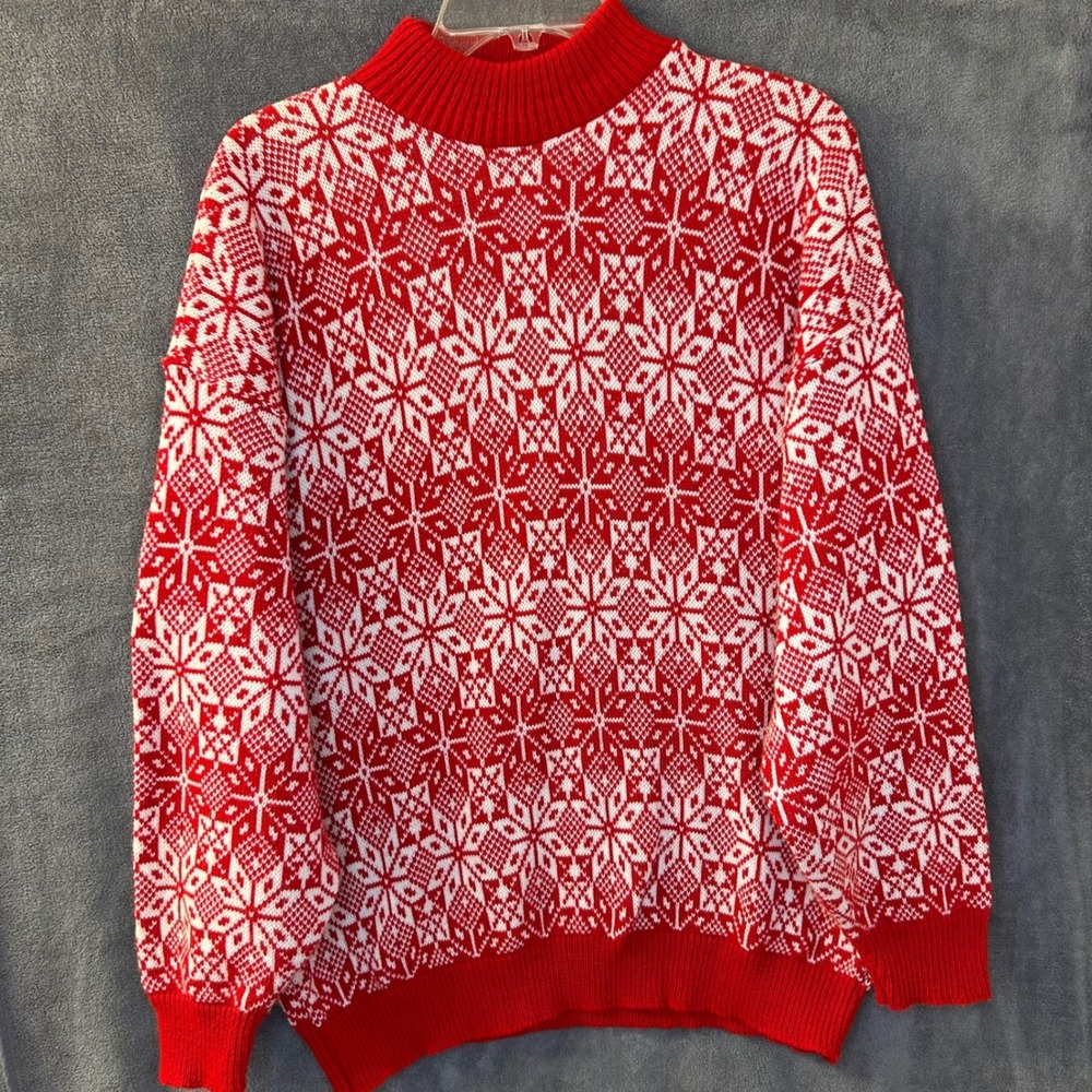 Vintage Red White Christmas Snowflake Womens 18W Mock Neck Sweater Made in USA